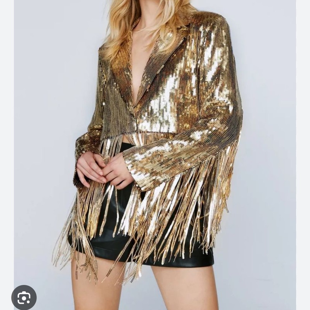 Nasty Gal Gold Sequin Fringe Blazer